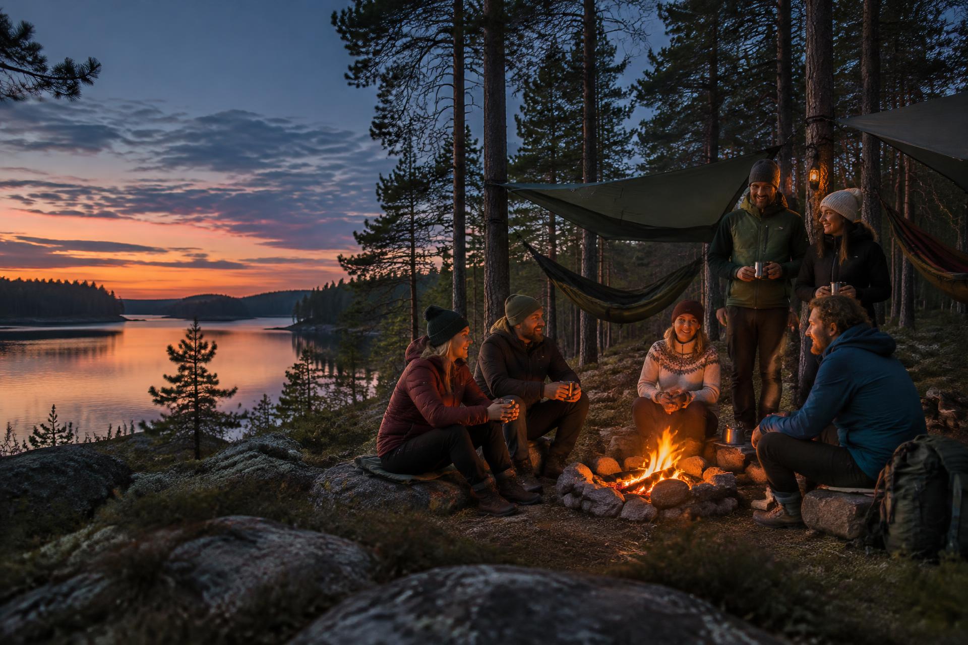 Vänner och värdar samlade vid elden mellan hammockar vid en svensk skogssjö