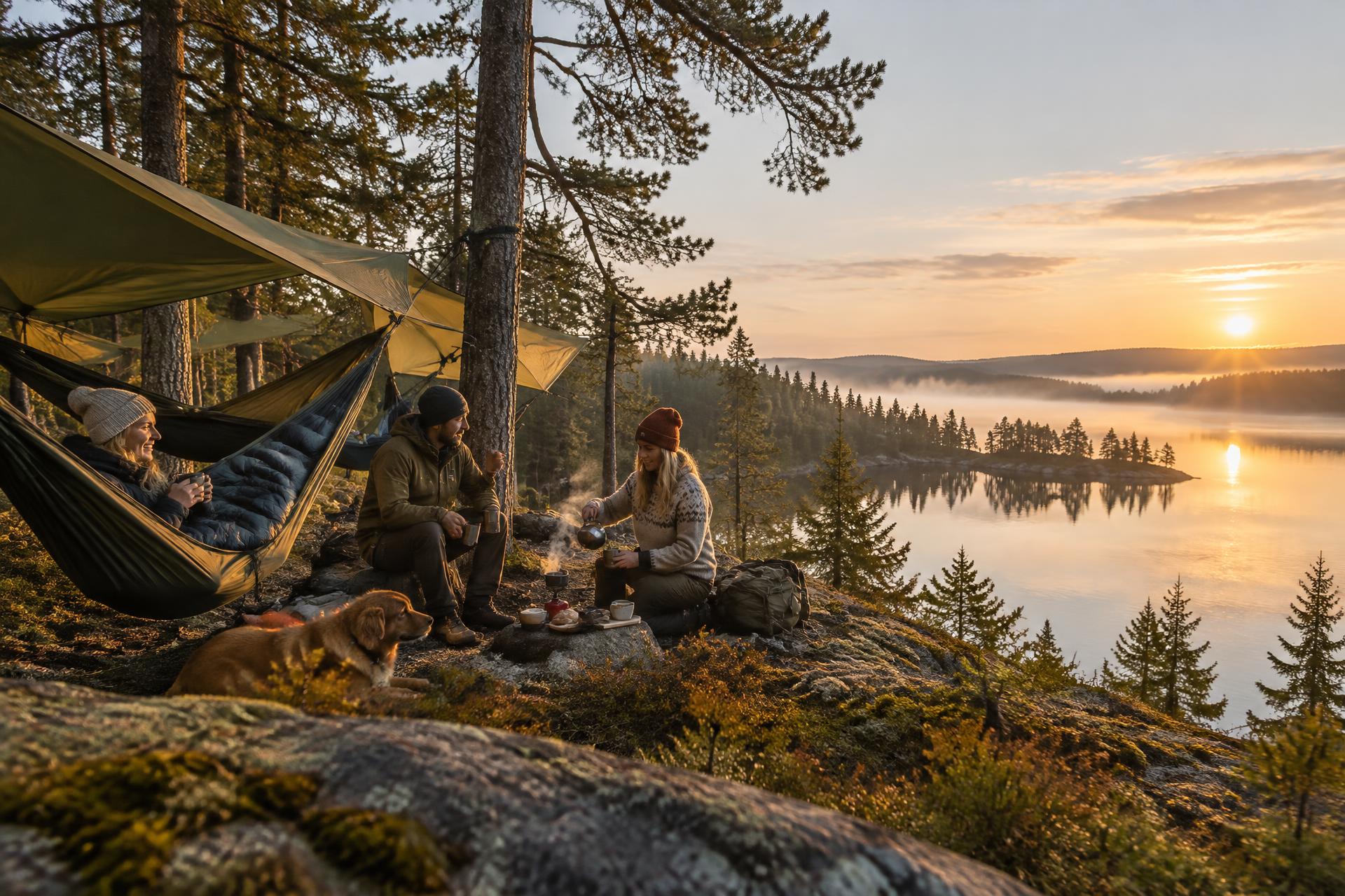 Lugn morgon med kaffe vid hammocklägret intill en sjö
